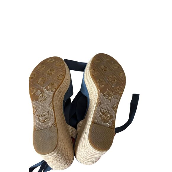 UGG Shiloh Suede Blue Sandals size 8.5 Wedge Espadrille Ribbon Tie Open Toe - Picture 7 of 11